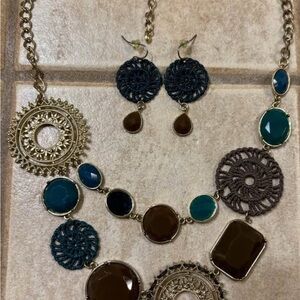 Gold, Teal, and Brown Necklace/Earring Set